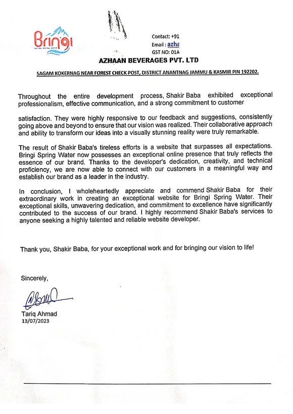 SHakir baba best website developer in kashmir appreciation letter from bringispringwater